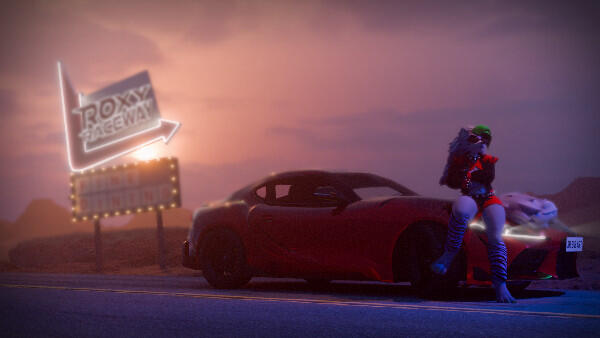 3D Art of Roxanne Wolf sitting on a car in a valley, a sign in the background.